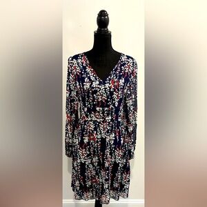 CUPSHE Navy, Red and White Floral, Cinch Waist, Ballon Sleeve Dress - Size Large
